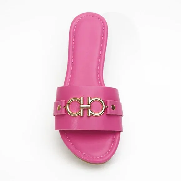 Hot Pink Horsebit Style Slide Sandals - Picture 3 of 4